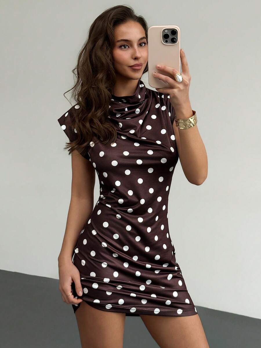 RiviMae New Stylish Elegant Fitted Polka Dot Dress - Brown - View 1