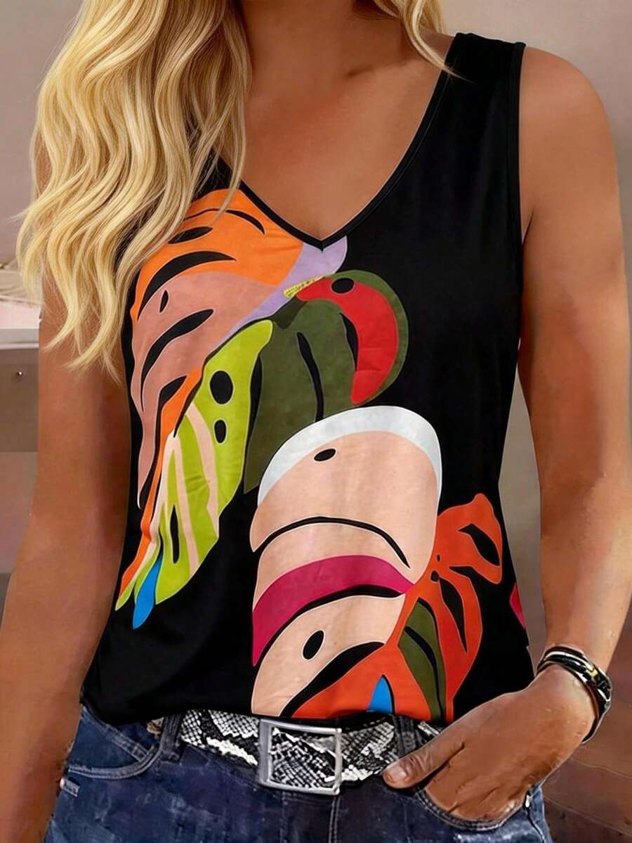 Breezaya Plus Size Women V-Neck Casual Printed Pattern Tank Top - Multicolor - View 1