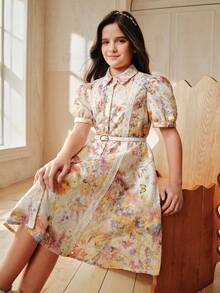 Anewsta 女童碎花连衣裙，配腰带，春夏款 - 杏色 - 查看 1