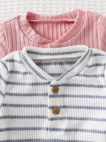 Bộ 4 món cho bé sơ sinh trai/gái, họa tiết sọc xanh dương dễ thương, áo liền quần ngắn tay và quần short, thích hợp mặc ở nhà và đi chơi. - Nhiều màu - Xem 5