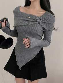 DAZY Women Off-Shoulder 3D Floral Long Sleeve Fitted Asymmetrical Cropped Sweater - Grey - View 3