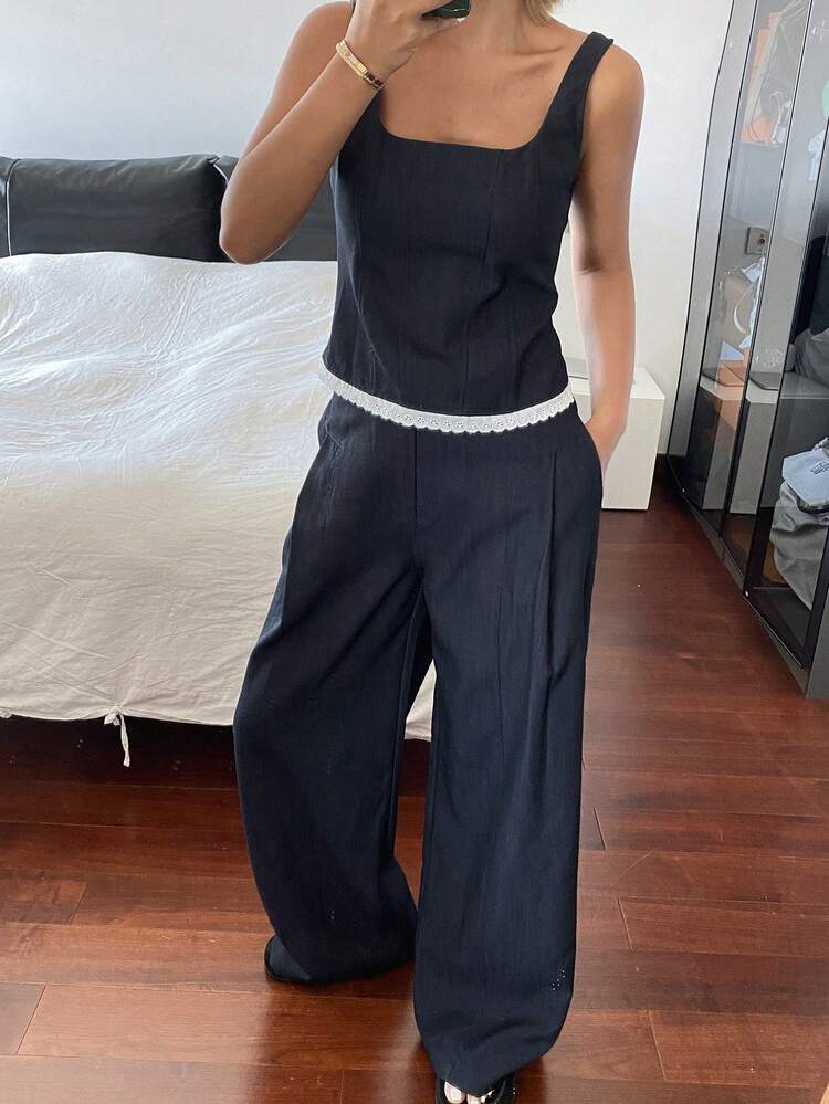 Women's Square Neck Camisole Top With Tie Back And Contrast Ruffle Trim, Paired With Loose Wide Leg Pants, Vacation Style Casual 2-Piece Set Summer