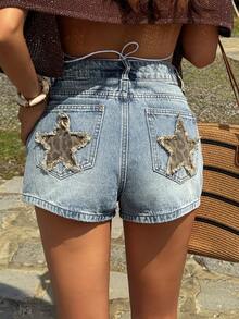 Jeans de pierna recta con decoración de bolsillo con estrella para mujer, estilo casual de calle Y2K - Lavado ligero 2 - Ver 2