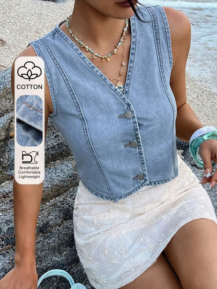 Women's V-Neck Sleeveless Open Front Fitted Cropped Casual Denim Top
