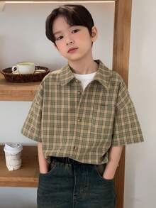 DAZY Áo sơ mi ngắn tay kẻ caro dáng casual cho bé trai tuổi teen, mùa hè. - Màu Khaki - Xem 9