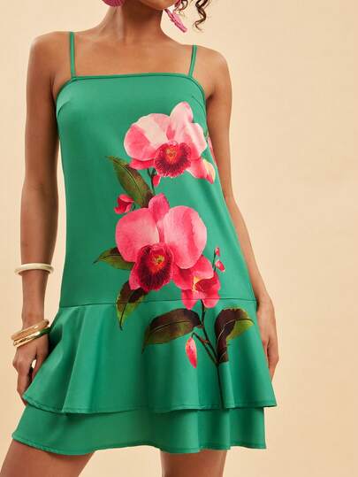 Travachic Women's Elegant Floral Print Dress, Refined Apparel, Vacation Outfit, A-Line Dress With Ruffle Trim, Cute & Youthful Fashion, Short Strap Dress, Suitable For Spring, Summer, Autumn