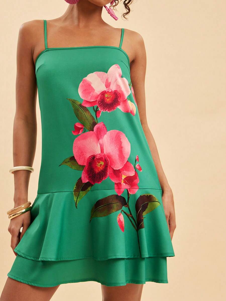 Travachic Rochie elegantă cu imprimeu floral pentru femei, îmbrăcăminte rafinată, ținută de vacanță, rochie în linie A cu volane, modă drăguță și tinerească, rochie cu barete scurte, potrivită pentru primăvară, vară, toamnă - Multicolor - Vizualizare 1