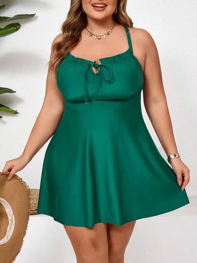SHEIN CURVE+ Plus Size Women's Black Ruffled Tie Front Tankini Swimdress For Summer Beach Vacation