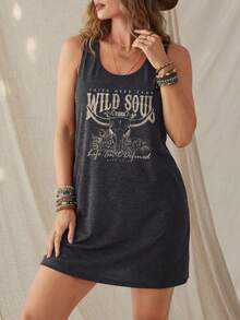 SHEIN LUNE Đầm không tay kiểu phương Tây tối giản, in hình đầu bò, thích hợp cho mùa hè, thích hợp để đi chơi, kiểu dáng thanh lịch, thường ngày. - Màu xám đen - Xem 4