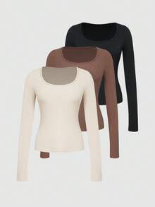 3件套纯色女士圆领T恤秋季服装 - 彩色 - 查看 7