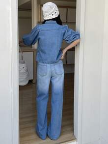 DAZY Women's Casual Washed White Puff Sleeve Shirt And Wide Leg Jeans Set, Spring/Summer - Medium Wash - View 2