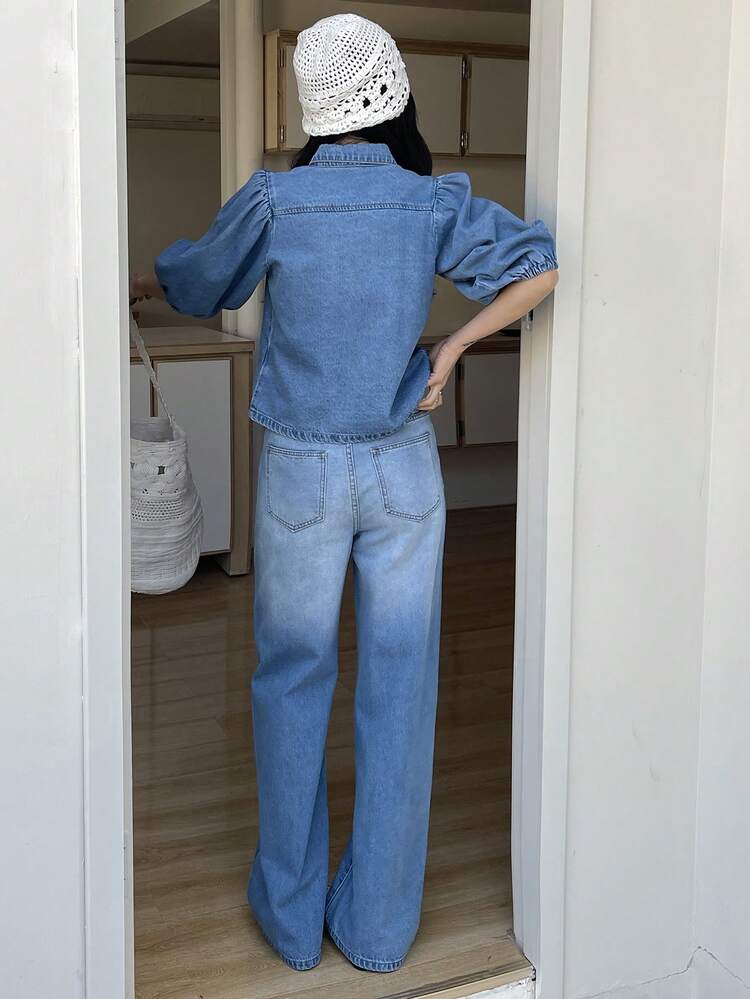 Women's Casual Washed White Puff Sleeve Shirt And Wide Leg Jeans Set, Spring/Summer
