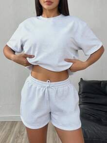 Conjunto de 2 piezas para mujer con estampado gráfico de Los Ángeles, de manga corta y holgado, para el verano - Gris Claro - Ver 2