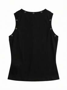 Y2Kool Eduely Top sans manches décontracté de rue à la mode pour femmes avec imprimé graphique et détails d'œillets, top d'été à boutons-pression, top graphique, top athlétique, top de fête, débardeur graphique gris, top à œillets métalliques, idée de tenue assortie, collection de vêtements élégants, tenues du Nouvel An, Gyaru, coton - Noir - Voir 2