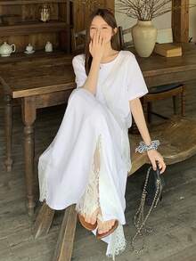 DAZY Đầm dài nữ màu trơn phối ren, kiểu dáng thường ngày, thích hợp cho mùa hè. - trắng - Xem 5