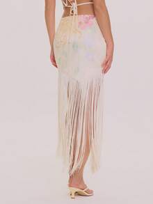 MUSERA 印花缎面低腰流苏中长裙，春夏优雅婚礼宾客度假假日场合蜜月咖啡馆 - 淡黃色 - 查看 4