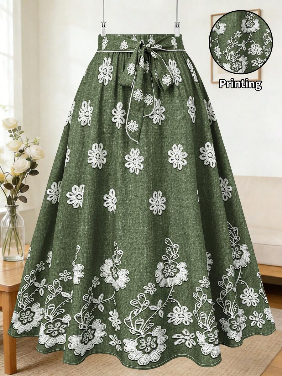 Franclia 大码女式优雅印花A字裙 长裙 女式印花长裙 夏季长裙 波西米亚风长裙 印花裙 女式裙子 绿色印花裙 女士长裙 女士端庄长裙 - 薄荷綠 - 查看 1