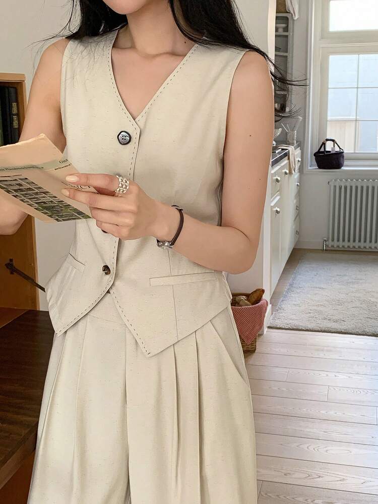 Women's Solid Color Girlish Asymmetrical Button Vintage Style Sleeveless Vest And Casual Pants 2-Piece Set
