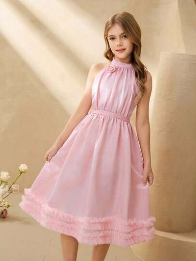 Girls' Luxurious Elegant Pink Satin & Mesh Halter Short Fitted Dress, Suitable For Evening Party, Christmas, Halloween, Wedding, Flower Girl, Prom, Graduation, Holiday