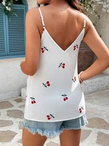 SHEIN Summer Outfit Vacation White Cherry Print, Wavy Neckline, Cute And Sweet Maternity Vacation Style Camisole.   Maternity Cherry Print Casual Camisole Top - White - View 2