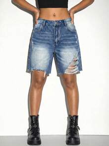 SHEIN ICON Women's Casual Washed Distressed Low Waist Denim Shorts - Blue - View 6