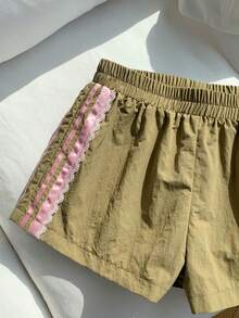 Comfortcana Quần short nữ dáng rộng, cạp chun, phối ren tương phản, kiểu dáng thường ngày. - xanh quân đội - Xem 5