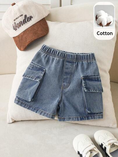 SHEIN Pantalones cortos vaqueros con bolsillos cargo para niño pequeño, adecuados para primavera y verano, uso al aire libre, viajes y vacaciones