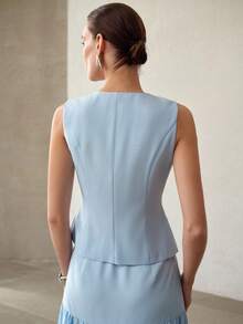 MOTF PREMIUM SILVER ROSE BUTTON ELEGANT SLEEVELESS BLAZER VEST - Baby Blue - View 3