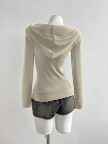 Elamini Chaqueta con capucha y cremallera, bordada y ajustada de manga larga para mujer - Albaricoque - Ver 2