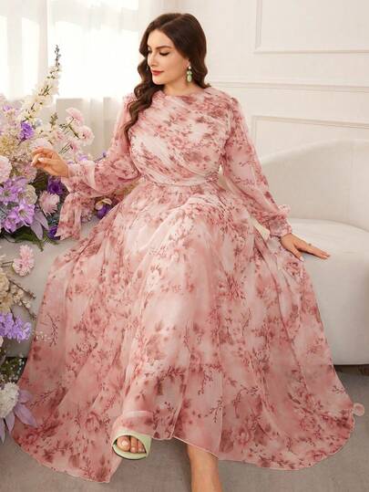 Modelyn Plus Size Women Elegant Floral Print Cinched Waist Midi Dress