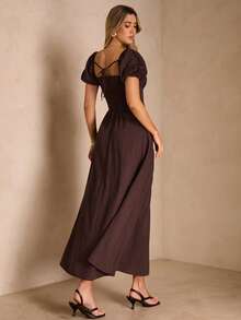 Enchnt Đầm nữ màu trơn tối giản cổ vuông, kiểu dáng thường ngày. - màu nâu - Xem 6