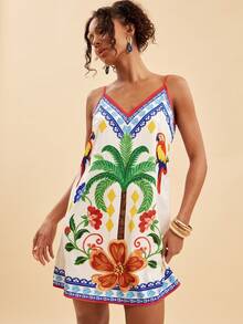 Travachic Tropical Print Spaghetti Strap Mini Vacation Dress - Multicolor - View 6