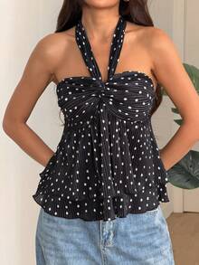 SHEIN LUNE Women's Romantic Polka Dot Pleated Tie Strap Sleeveless Top, Suitable For Vacation And Dates - Black and White - View 6