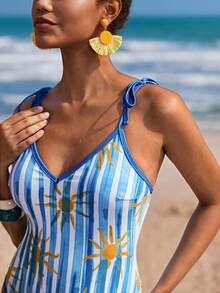 Travachic Women's Striped Sunflower Print One-Piece Swimsuit, Suitable For Beach Vacation, Pool Party, Beach Party - Multicolor - View 3