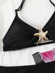 SHEIN 少女三件套泳衣，包括背心和短裤，度假沙滩风 - 黑與白 - 查看 5