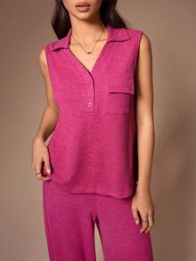 SHEIN Women's Casual Sleeveless Lapel Partial Button Pocket Top And Pants Pajama Set - Hot Pink - View 6