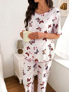 SHEIN 女士休闲蝴蝶印花哺乳套头衫和裤子孕妇睡衣套装 - 彩色 - 查看 5
