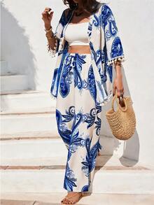 Breezaya Conjunto de 2 piezas estilo bohemio holgado para mujer, que incluye un cárdigan tipo salida de playa con estampado de flores de paisley, puños con flecos y abertura frontal, junto con pantalones de pierna ancha, perfecto para primavera y verano. - Azul - Ver 1