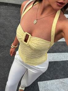 Avenya 女士镂空刺绣吊带背心 - 黃色 - 查看 4