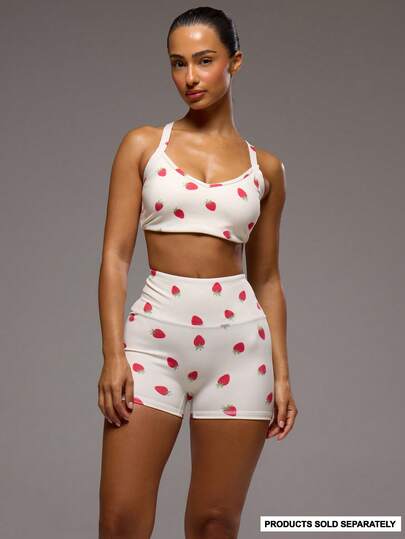 Musera Sport 草莓图案深V领交叉露背绑带运动文胸，适合日常健身、运动、健身、普拉提等场合，可爱又休闲。