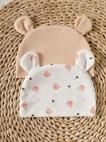 SHEIN 4 Stücke Neugeborenen Unisex Outfit, Sommer Baby Bär Herz Muster + einfarbiger Romper und Mütze mit Bärenohren Set - Verschiedenfarbig - Übersicht 6