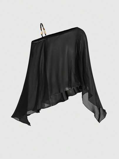 ROMWE Y2K 性感时尚纯色串珠吊带披肩罩衫，透视罩衫，适合海滩度假和防晒