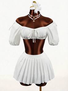 Mistrie Women's Solid Color Off Shoulder Short Petal Sleeve Front Tie Cropped Fashionable Top - White - View 3