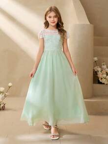 Girls' Lace Patchwork Chiffon Flower Girl Long Dress, Waist Cinched, Suitable For Weddings, Parties, Birthdays, Banquets, All Seasons Junior Bridesmaid Dress Teen Girls Elegant Dress Pastel Colour Dress For Tween Girls Tween Girls Elegant Bridesmaid Lace Long Dresses For Tweens Elegant Dresses For Girls Girls Lace Dress Prom Dress For Tweens Kids Formal Dress Prom Dress For Kids Girls Formal Dress Dresses For 12 Yrs Old Tween Formal Dress - Green - View 8