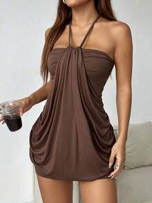 SHEIN EZwear Pendant Feeling Off Shoulder Bodycon Halter Dress - Brown - View 4