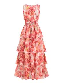 Ellevyn Đầm vintage lãng mạn với họa tiết hoa màu cam và viền bèo nhún. - Màu Cam san hô - Xem 7