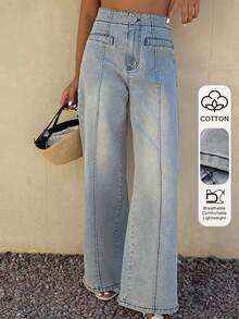 DAZY Women's Casual High Neck Washed Denim Jeans, Suitable For Spring And Summer - Blue - View 1