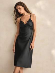 Charlaine Women's Solid Color Contrast Lace Sexy Camisole Nightgown - Black - View 5
