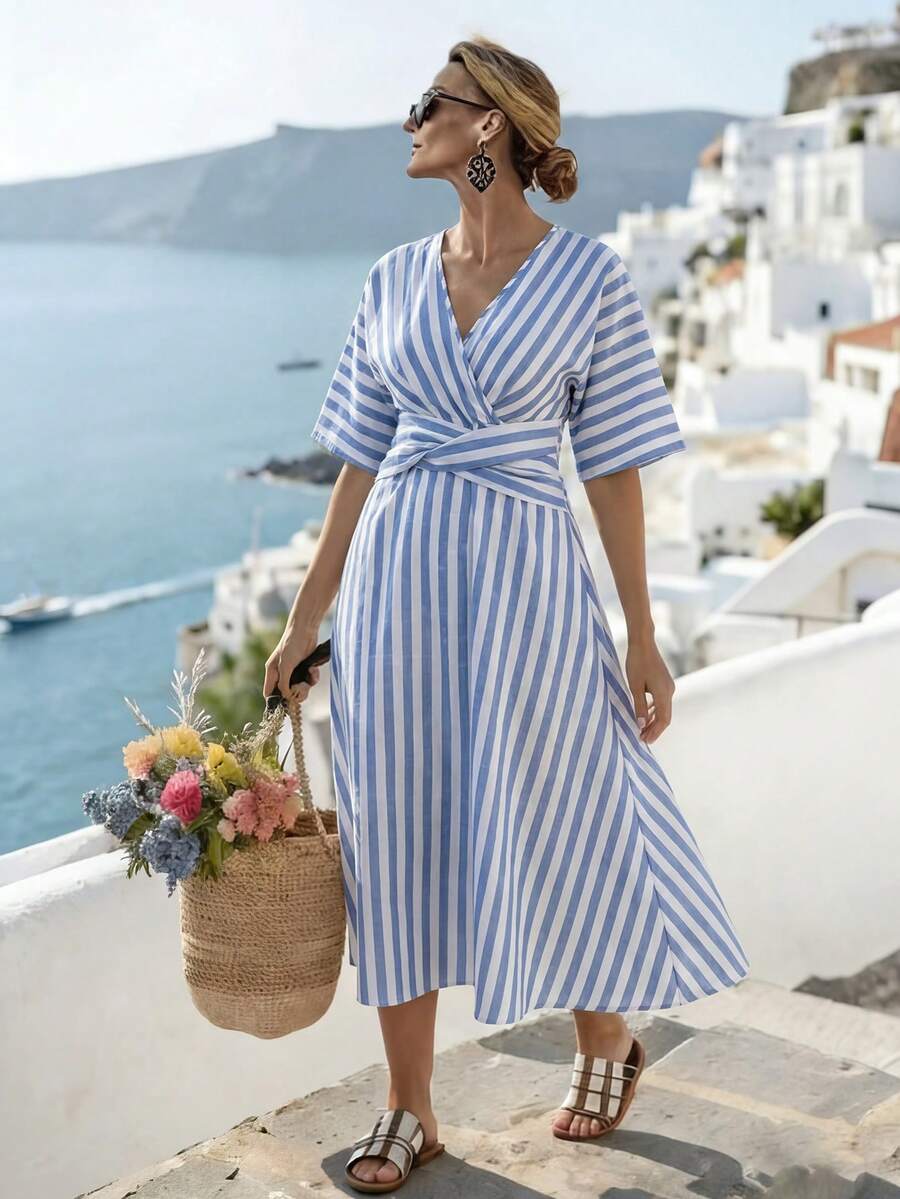 EMERY ROSE Plus Size Women Holiday Vertical Striped Dress, Blue Linen Beach Vacation Dress - Blue - View 1