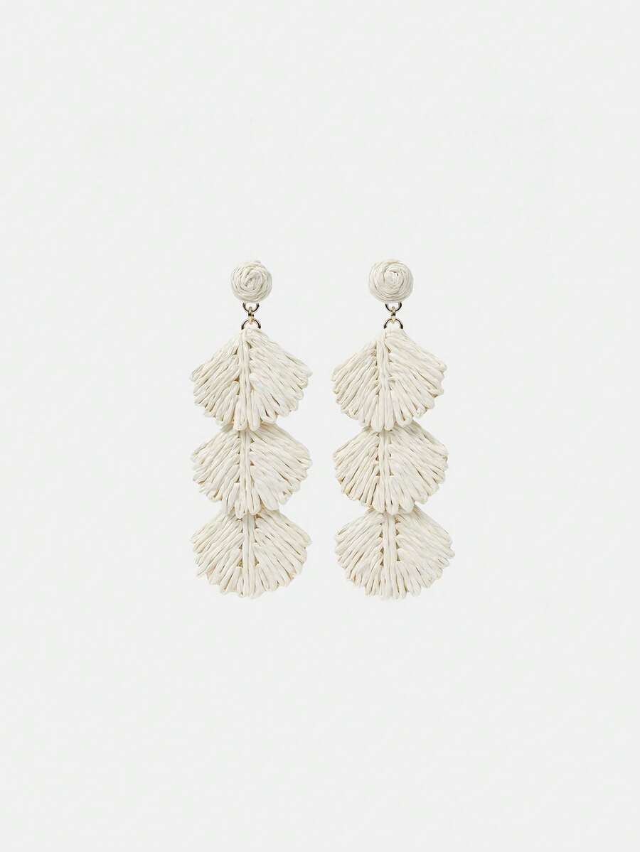 Lumivelle 1 Pair Handmade Woven Raffia Shell Tassel Bohemian Style Long Earrings, Geometric Design, Suitable For Women's Daily, Beach, Holiday, Party, Wedding, Mother's Day, Music Festival (Handcrafted Raffia Weaving, Shape And Direction Random) - White - View 1